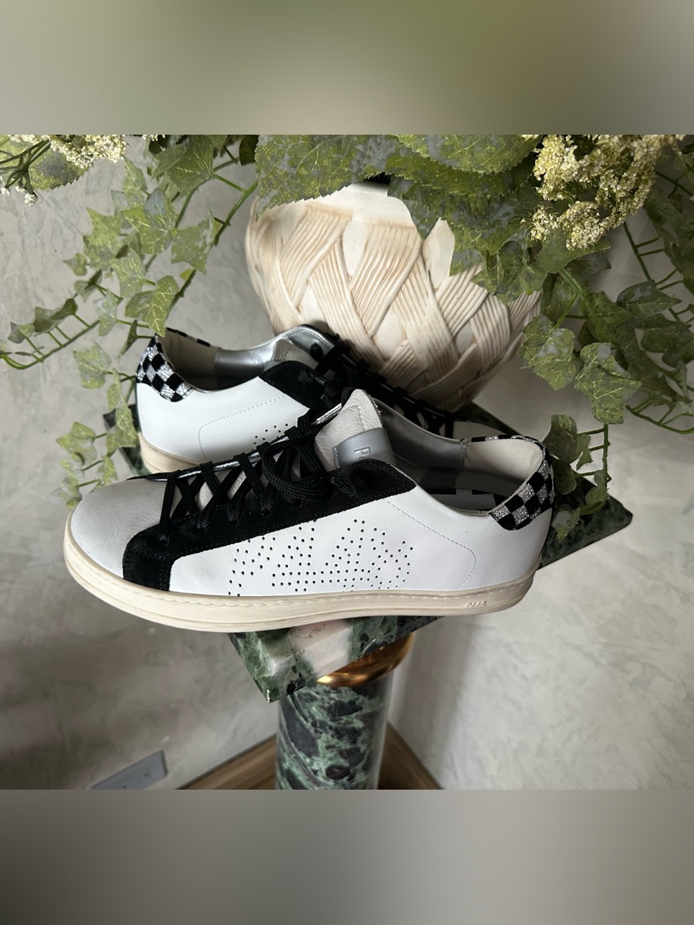 P448 Women's White and Black Low-Top Sneakers with Checkered Heel
